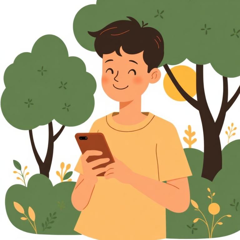 Happy person looking up from phone outdoors