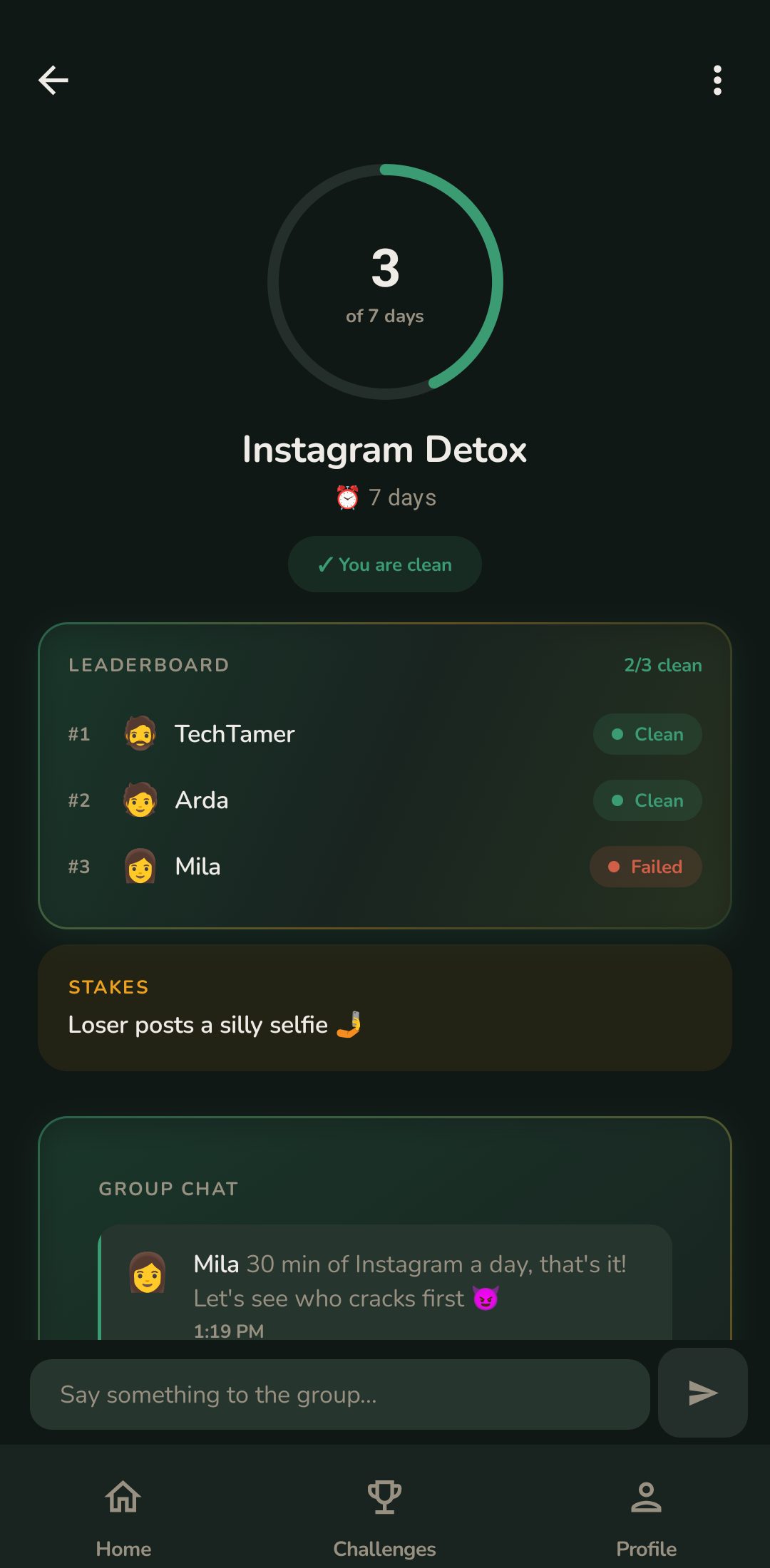 Challenge detail view with leaderboard and stakes